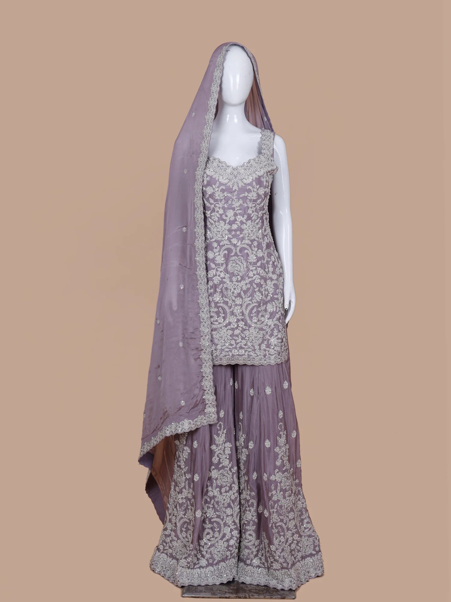Exclusive Lavender Chinon Gharara Suit In Traditional Mirror Pearl Art