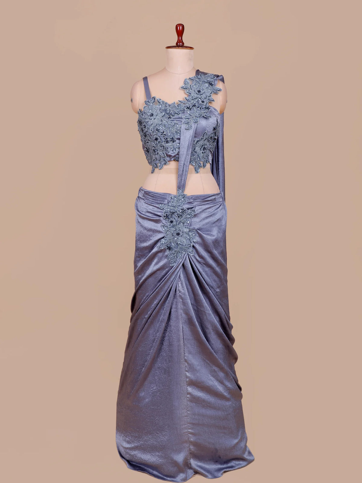 Glamorous Lavender Pre Drape Saree Showcasing Crystal Sequin Floral Details