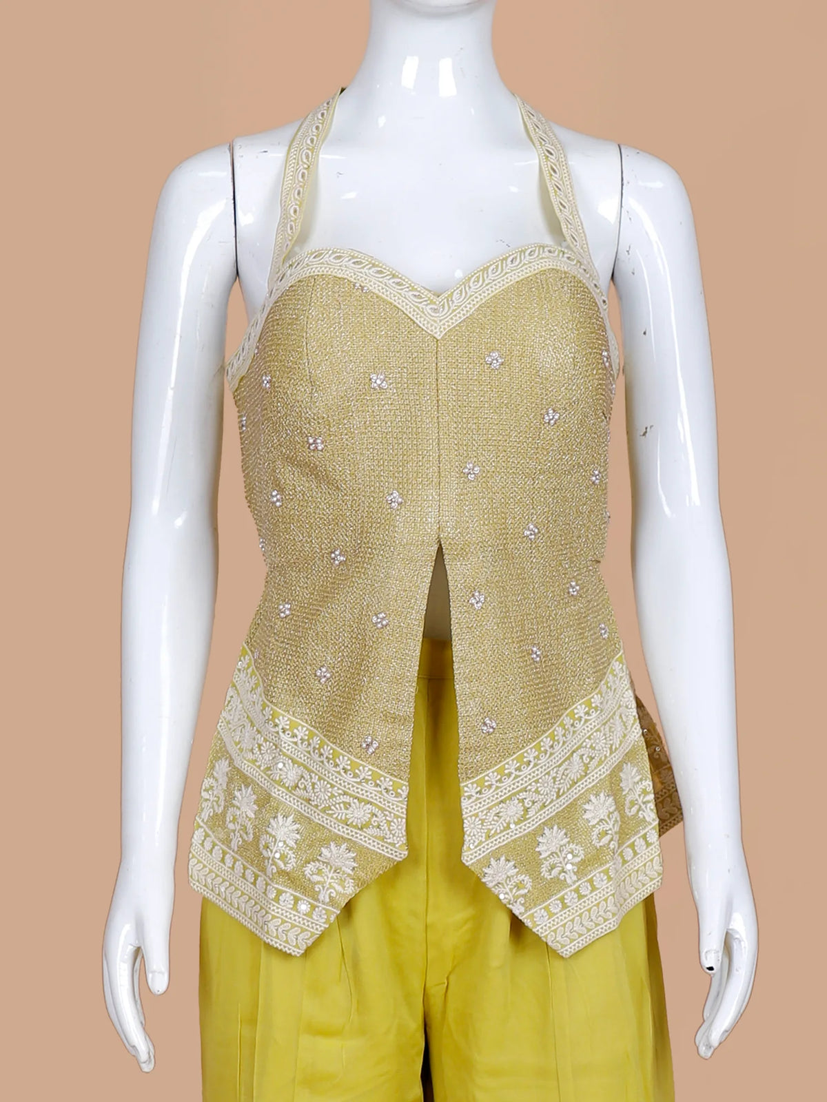 Order Lemon Organza Indo Western Palazzo Suit Featuring Unique Upper Style