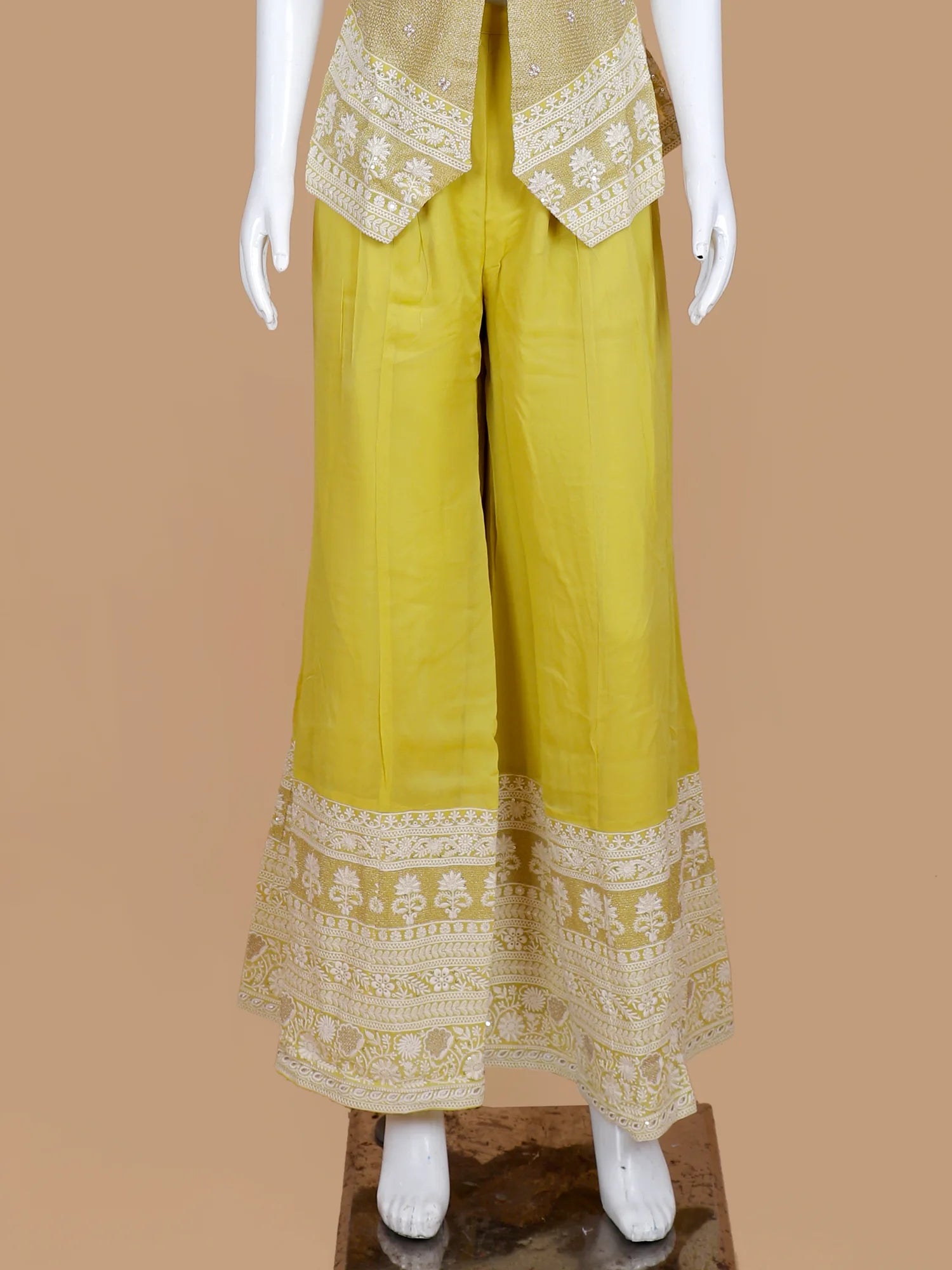 Order Lemon Organza Indo Western Palazzo Suit Featuring Unique Upper Style