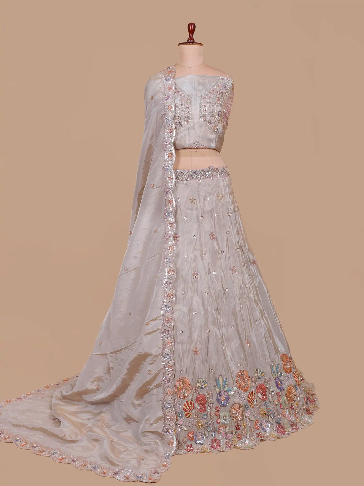 Light Beige Shimmer Organza Lehenga Embellished in Floral Pearl Detailing