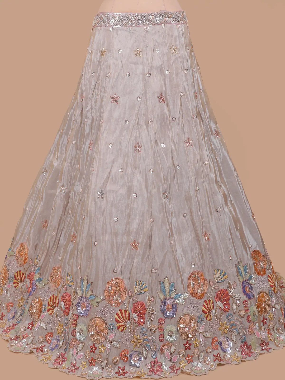 Light Beige Shimmer Organza Lehenga Embellished in Floral Pearl Detailing