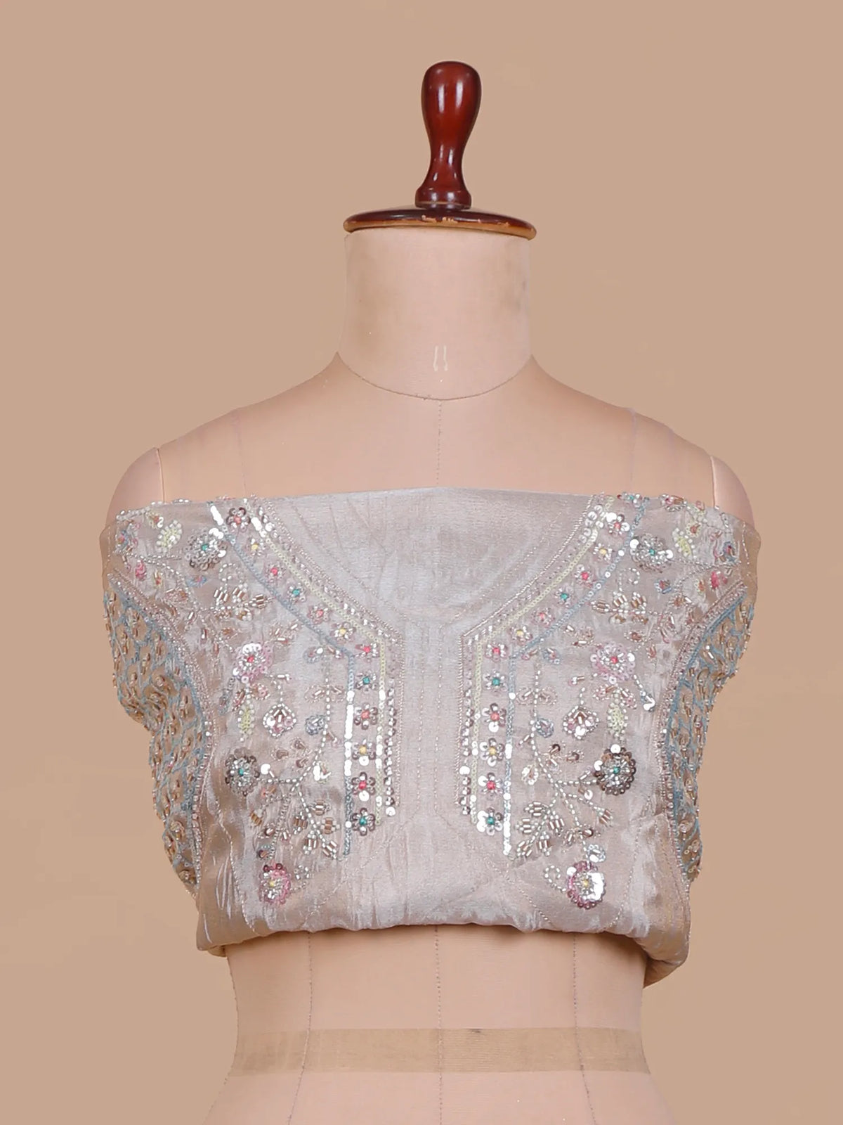 Light Beige Shimmer Organza Lehenga Featuring Pastel Floral Embroidery