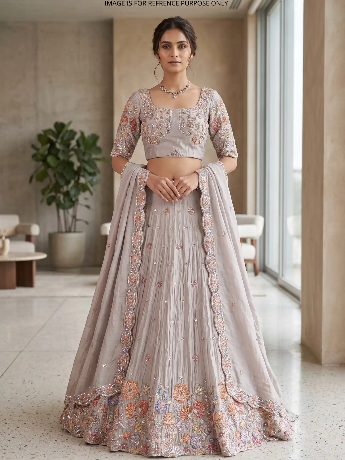 Light Beige Shimmer Organza Lehenga Embellished in Floral Pearl Detailing