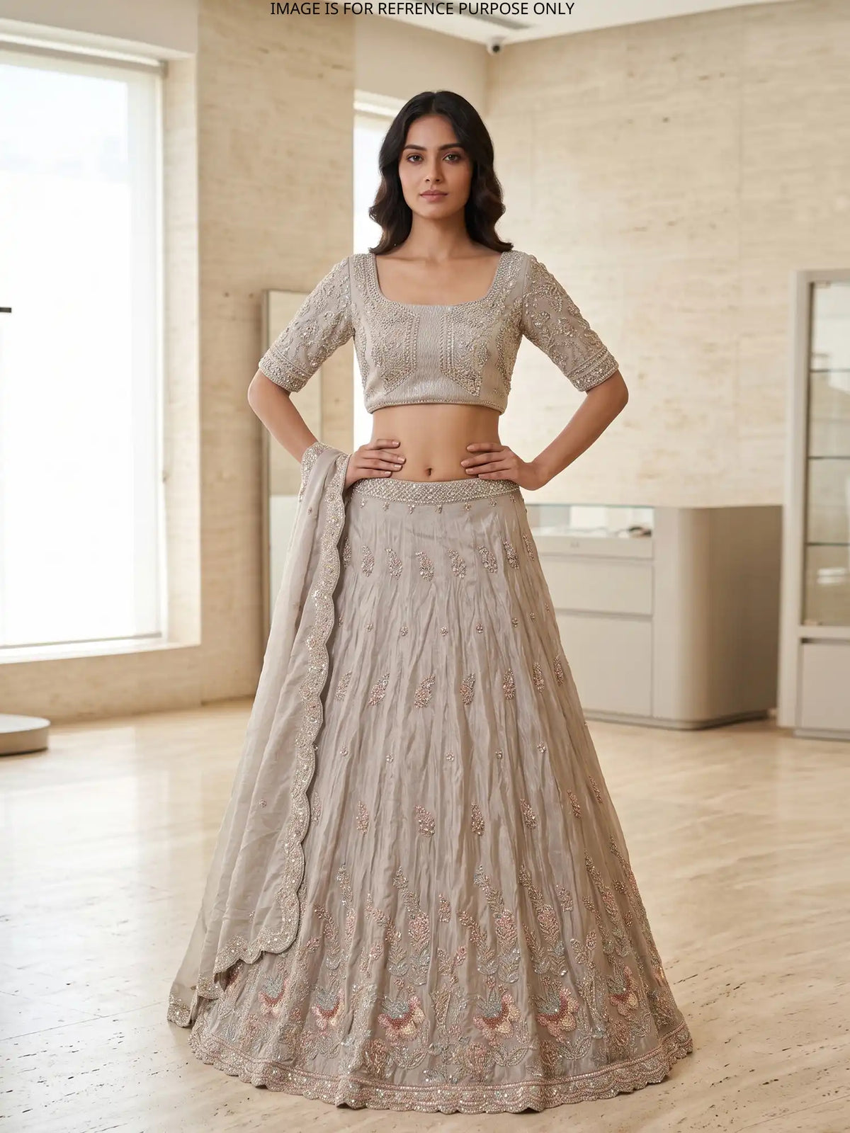 Light Beige Shimmer Organza Lehenga Featuring Pastel Floral Embroidery