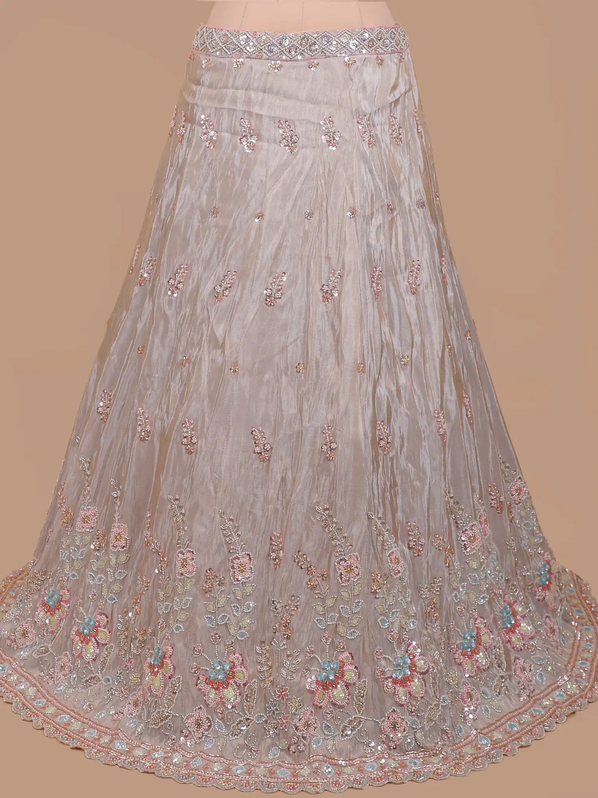 Light Beige Shimmer Organza Lehenga Featuring Pastel Floral Embroidery