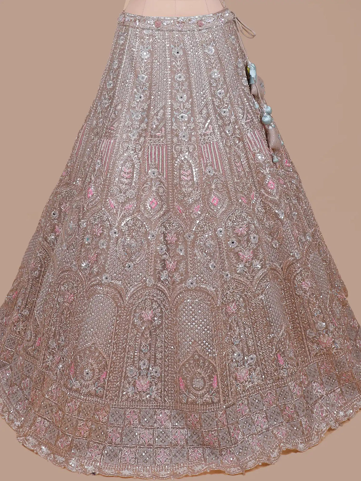 Designer Light Biscuit Lehenga with Pink Embroidery and Mirror Work
