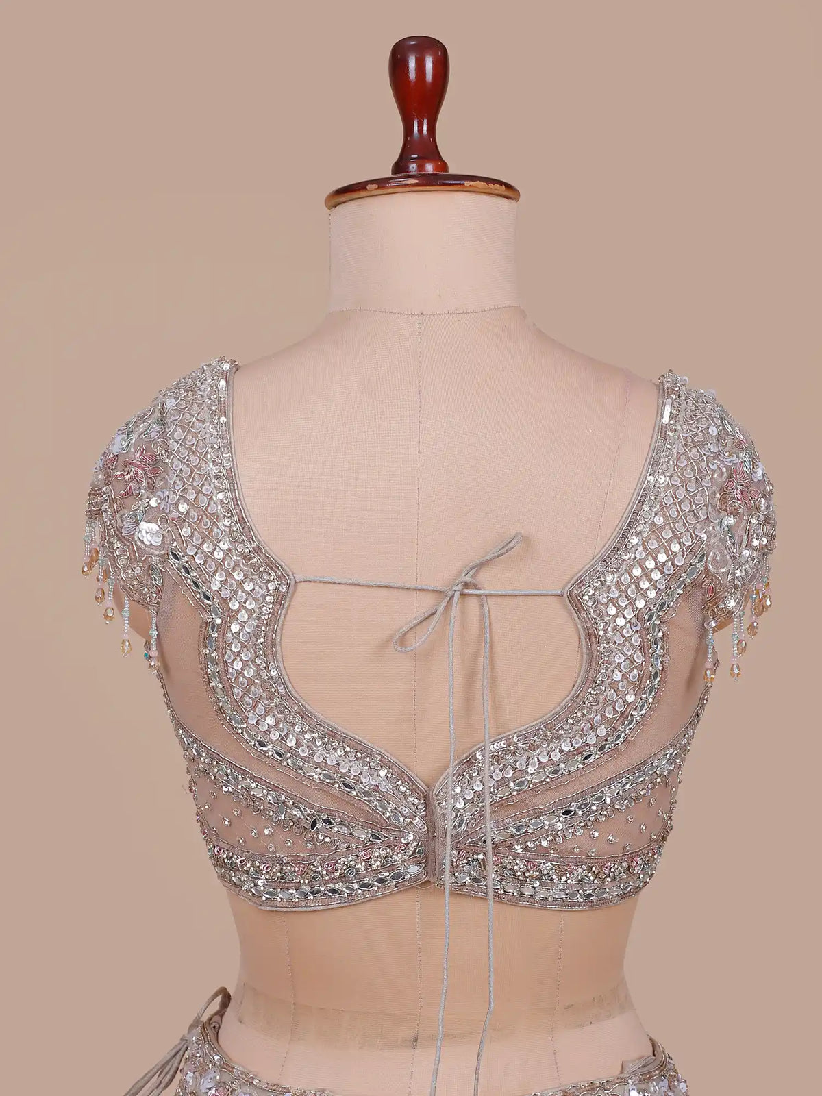 Designer Light Biscuit Lehenga with Pink Embroidery and Mirror Work