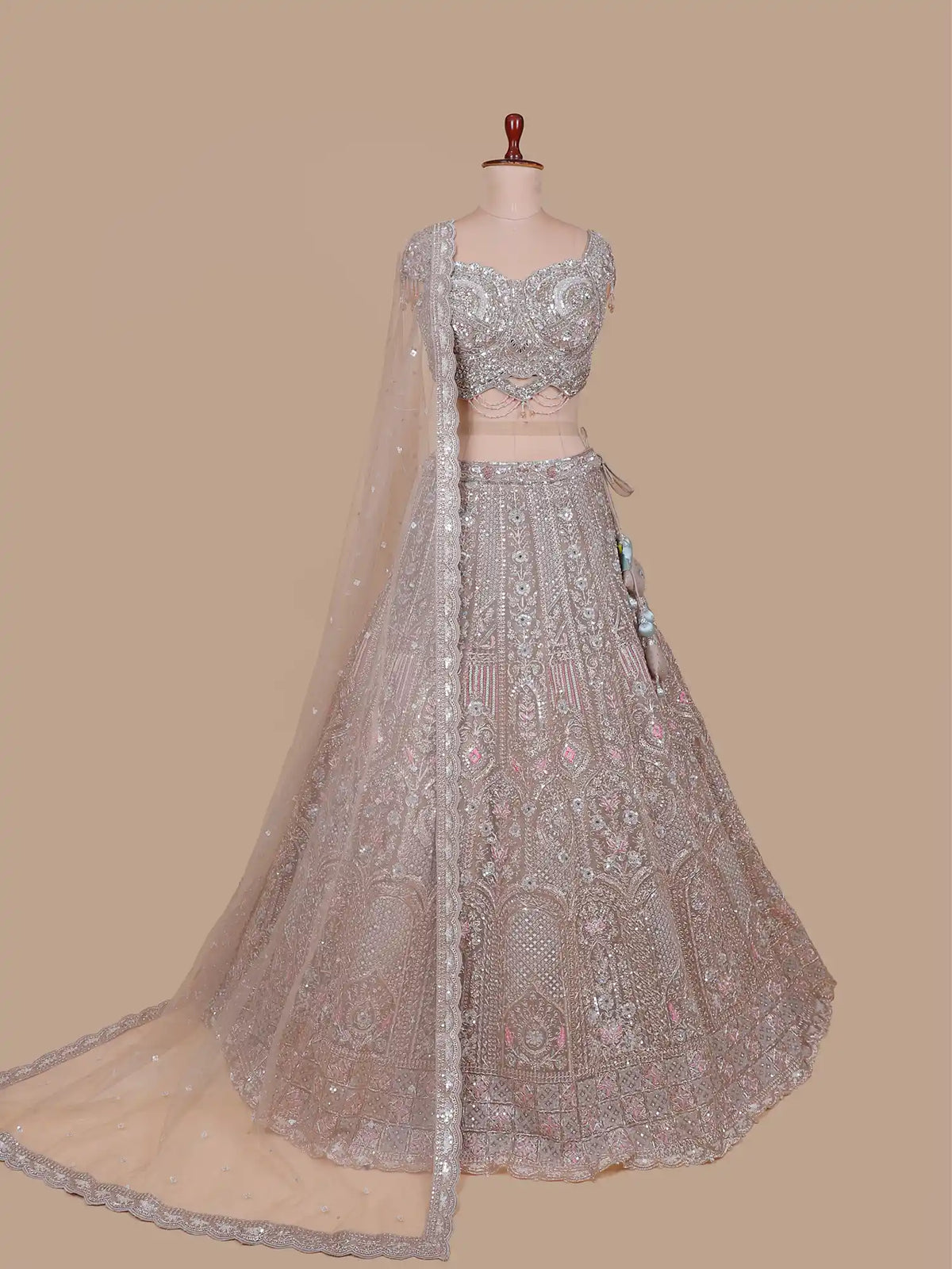 Designer Light Biscuit Lehenga with Pink Embroidery and Mirror Work