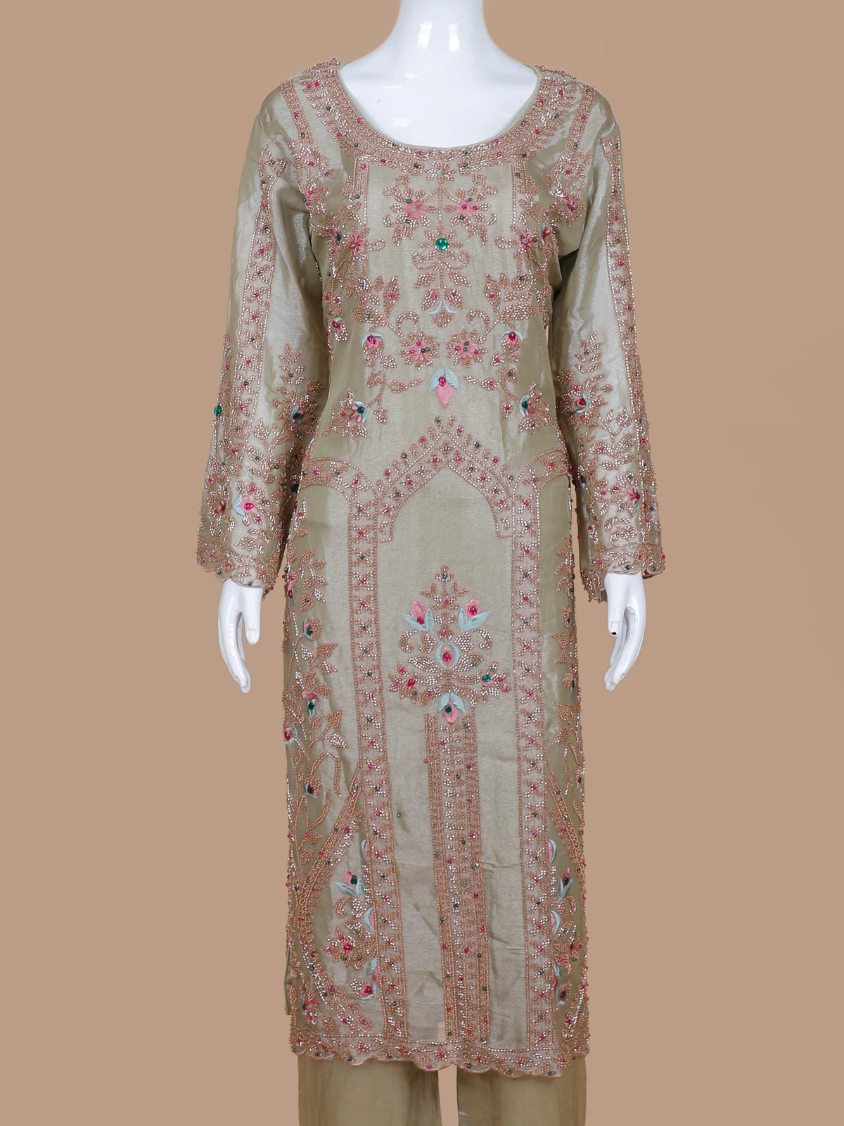 Premium Light Pista Green Silk Suit with Multi Thread Floral and Stone Work