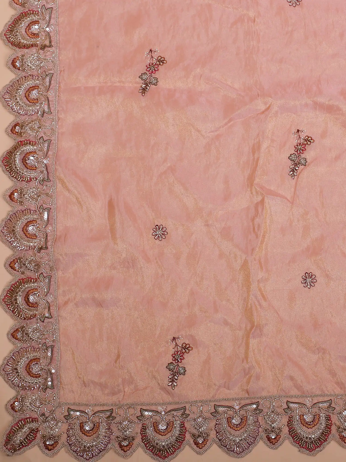 Light Peach Silk Lehenga with Multicolor Floral and Peacock Embroidery