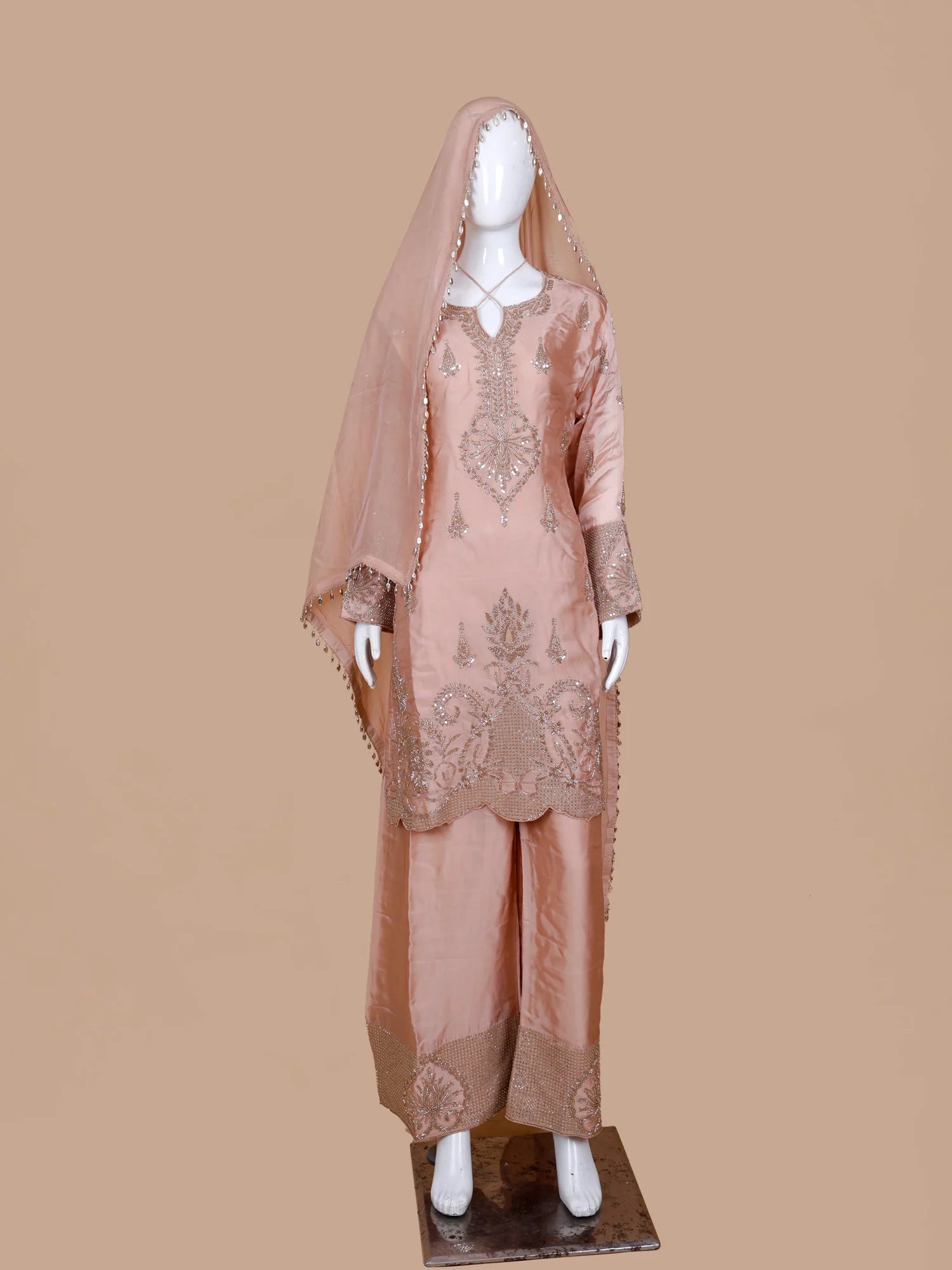 Buy Prestige Light Peach Satin Silk Palazzo Suit In Sequin Beadwork