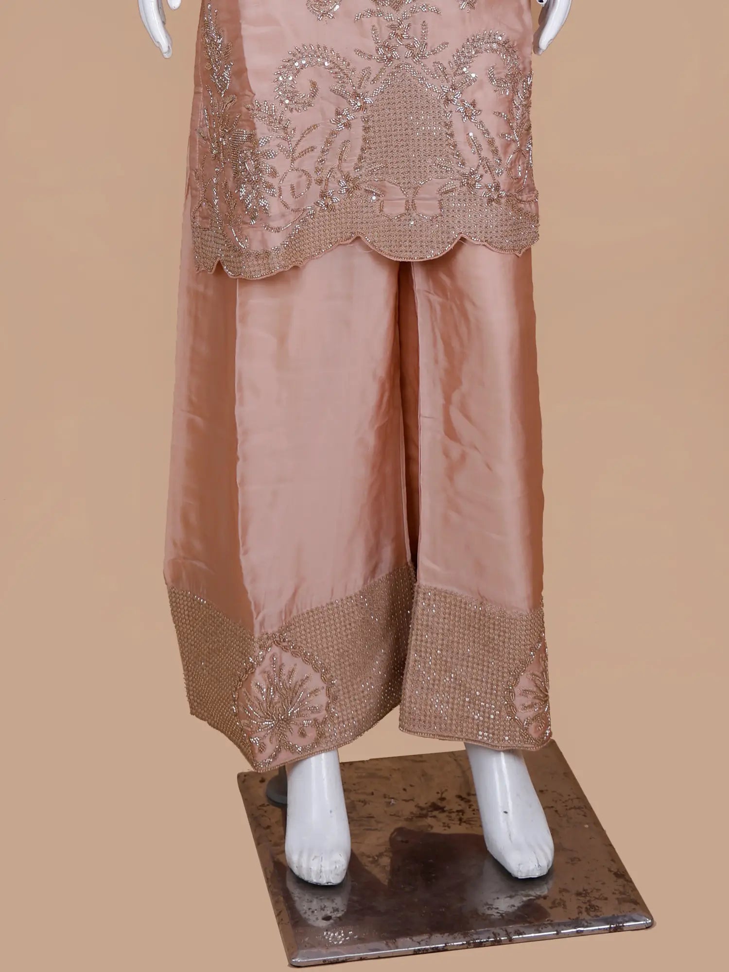 Buy Prestige Light Peach Satin Silk Palazzo Suit In Sequin Beadwork