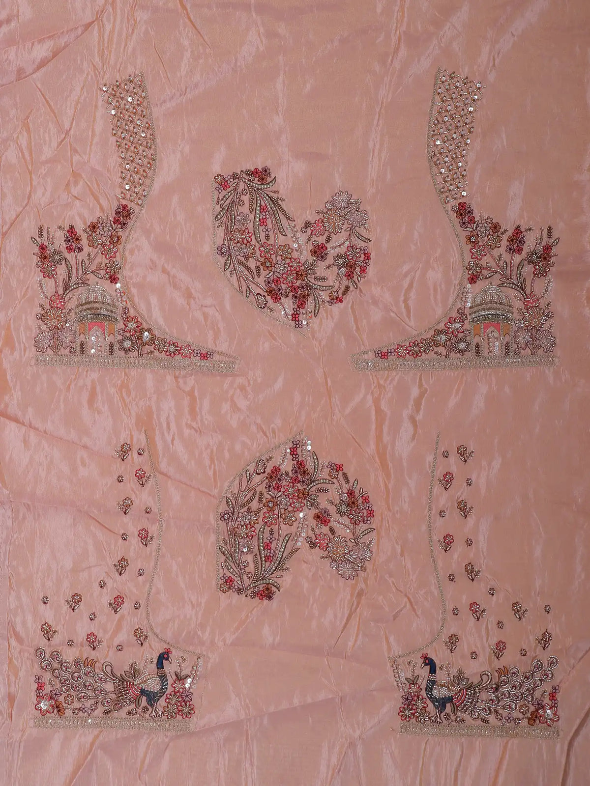 Light Peach Silk Lehenga with Multicolor Floral and Peacock Embroidery