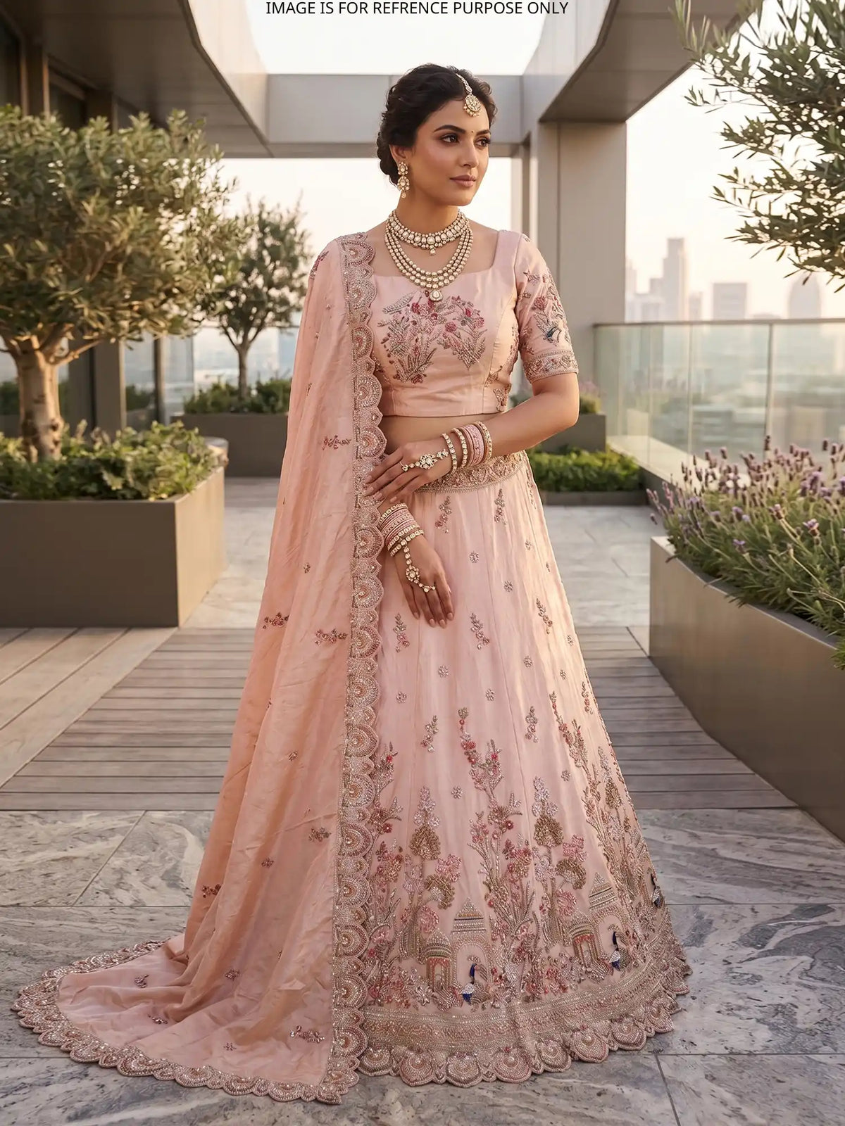 Light Peach Silk Lehenga with Multicolor Floral and Peacock Embroidery
