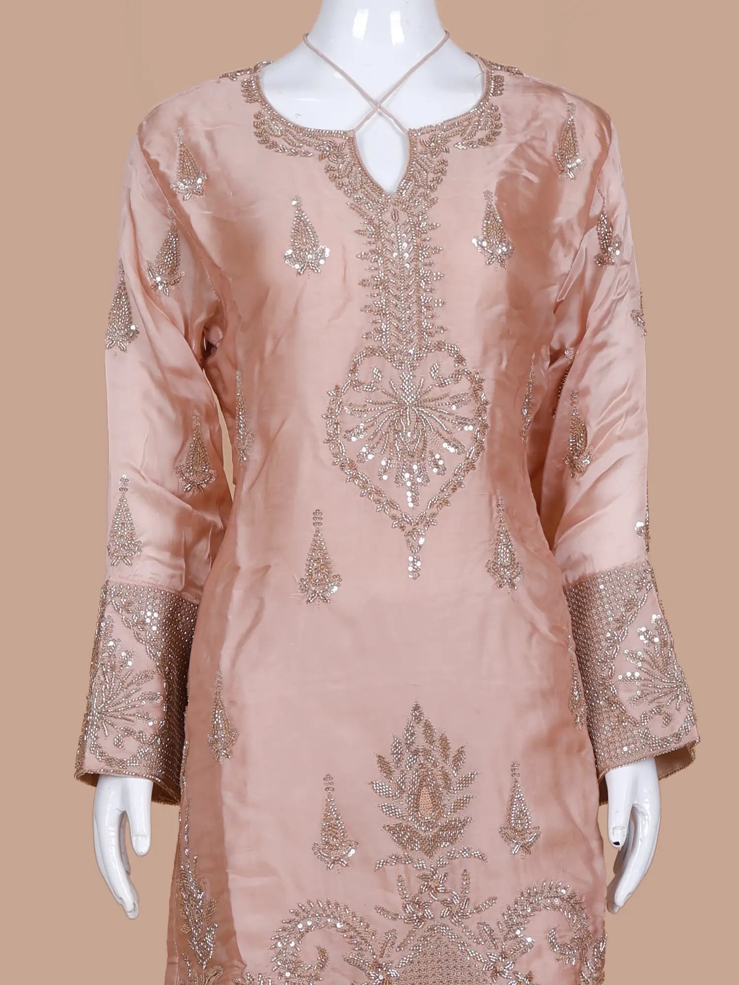 Buy Prestige Light Peach Satin Silk Palazzo Suit In Sequin Beadwork