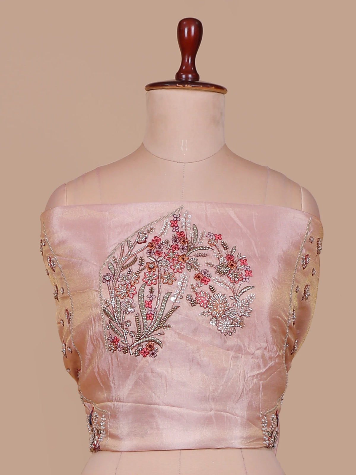 Light Peach Silk Lehenga with Multicolor Floral and Peacock Embroidery