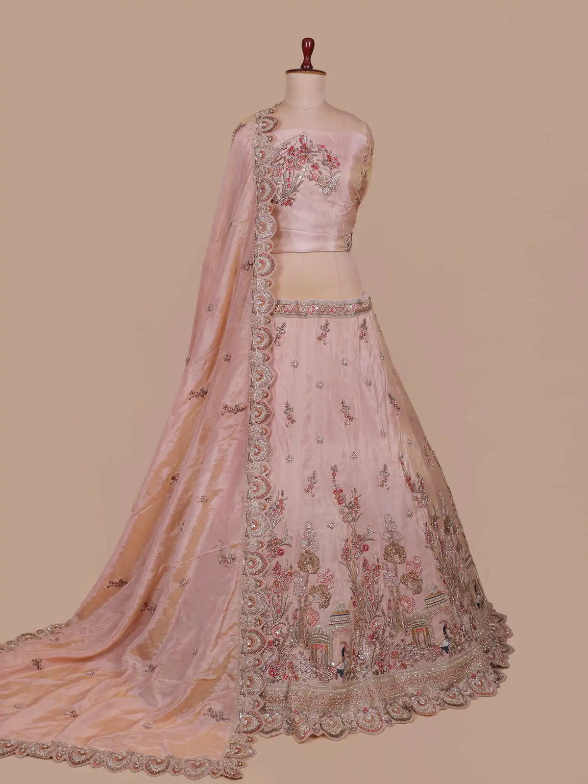 Light Peach Silk Lehenga with Multicolor Floral and Peacock Embroidery