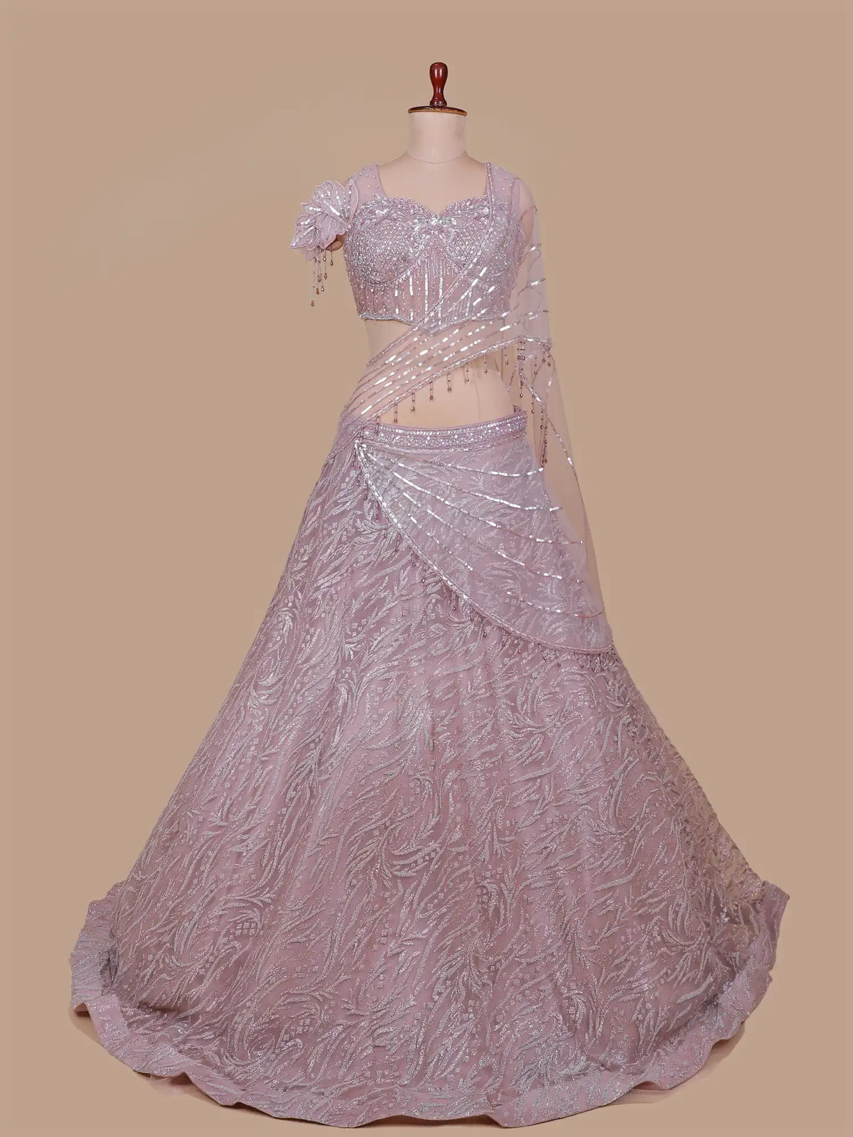 Luxury Light Pink Net Drape Lehenga with 3D Floral Shoulder Detailing