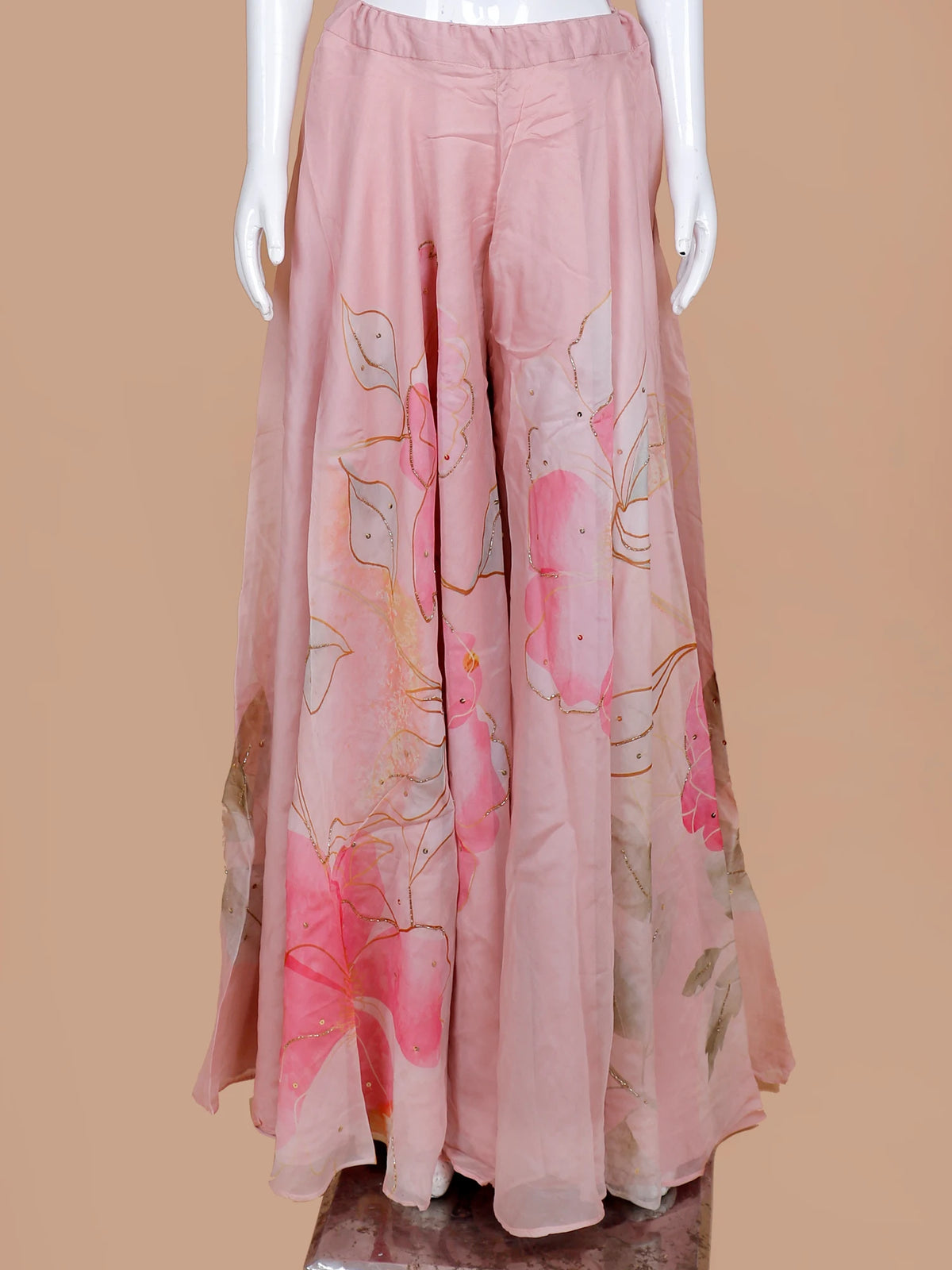 Shop Light Pink Printed Silk Indo Western Palazzo Suit Showcasing Ruffle Dupatta