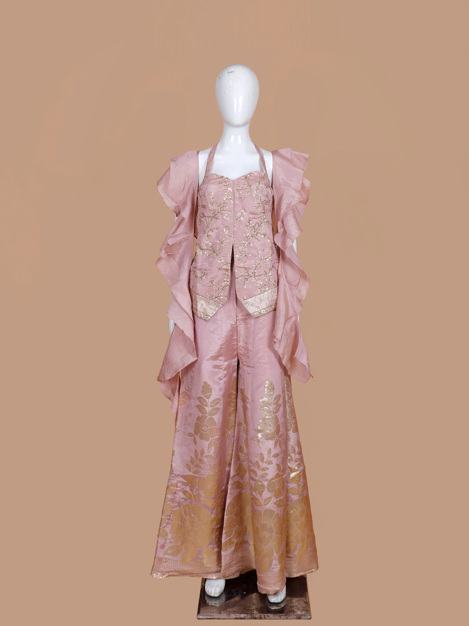 Explore Light Pink Printed Silk Palazzo Suit Showcasing Ruffle Dupatta