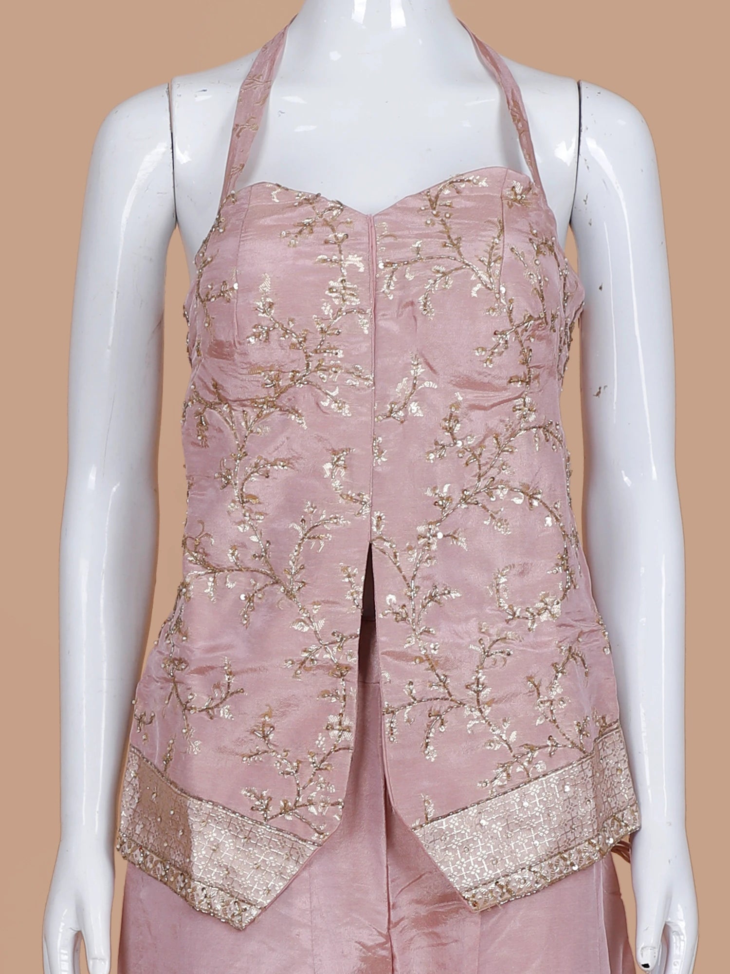 Explore Light Pink Printed Silk Palazzo Suit Showcasing Ruffle Dupatta
