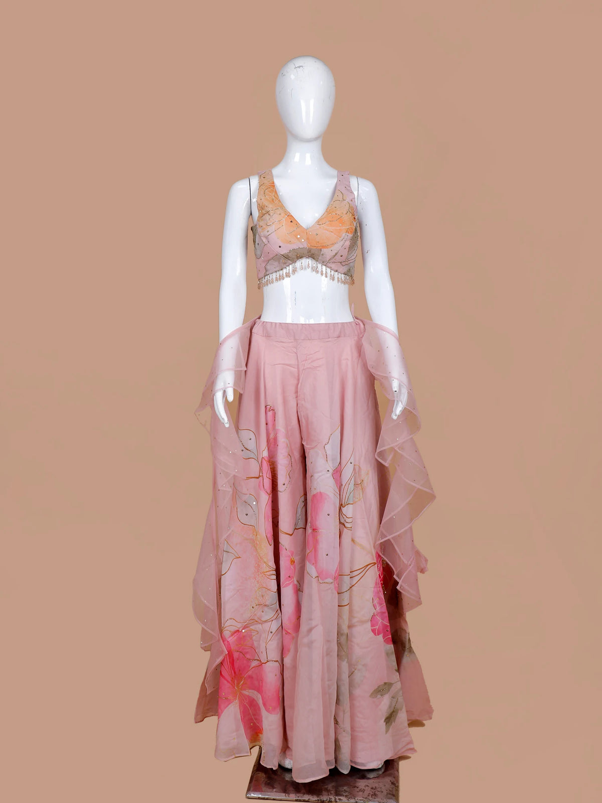 Shop Light Pink Printed Silk Indo Western Palazzo Suit Showcasing Ruffle Dupatta