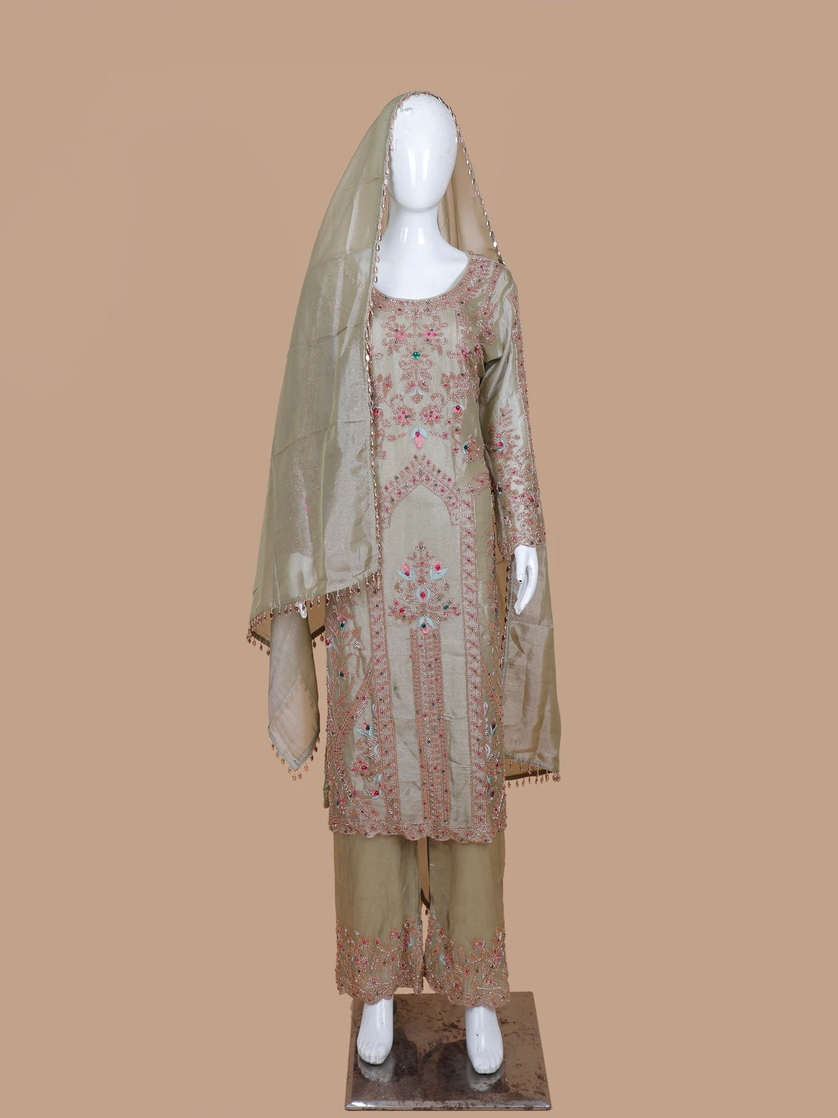 Premium Light Pista Green Silk Suit with Multi Thread Floral and Stone Work