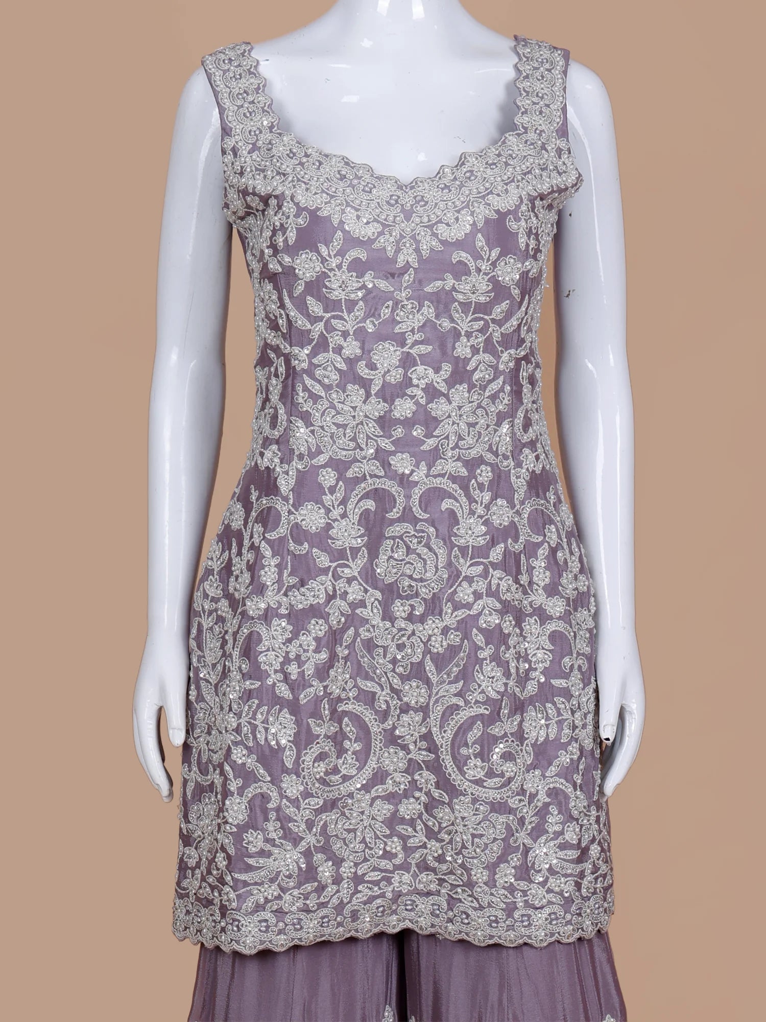 Exclusive Lavender Chinon Gharara Suit In Traditional Mirror Pearl Art