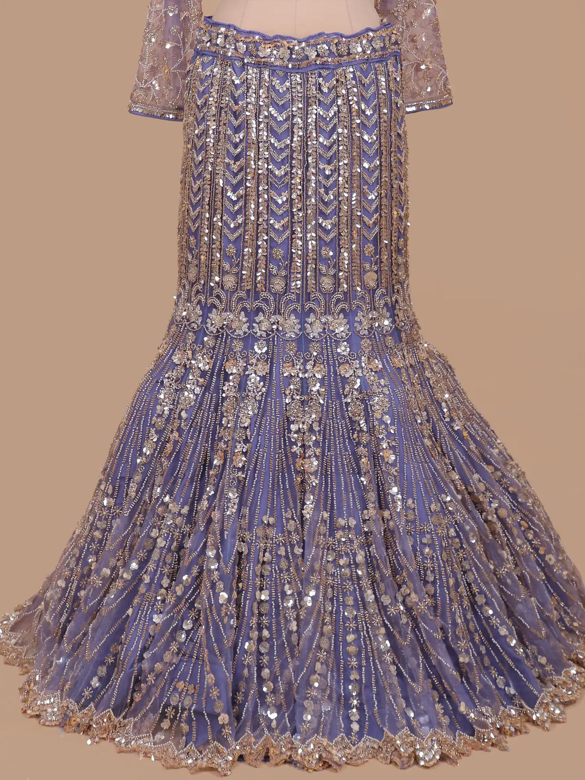 Exclusive Lilac Designer Fishcut Lehenga Featuring Radiating Floral Panels