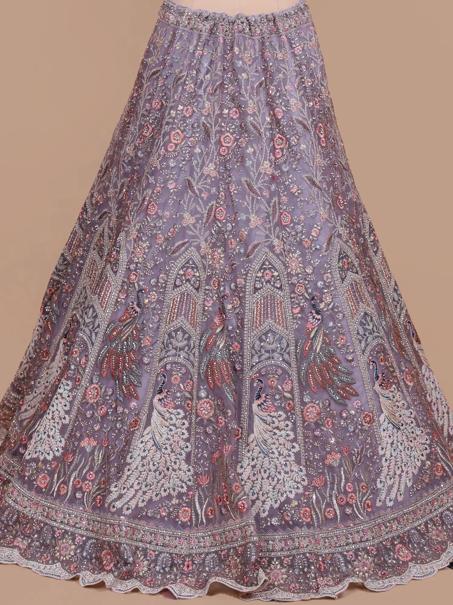 Lavender Designer Net Unstitched Lehenga Showcasing Signature Peacock Embroidery