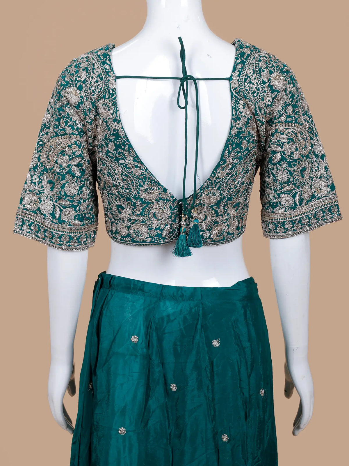 Luxe Dark Green Chinon Ready to Wear Saree with Silver Embroidery