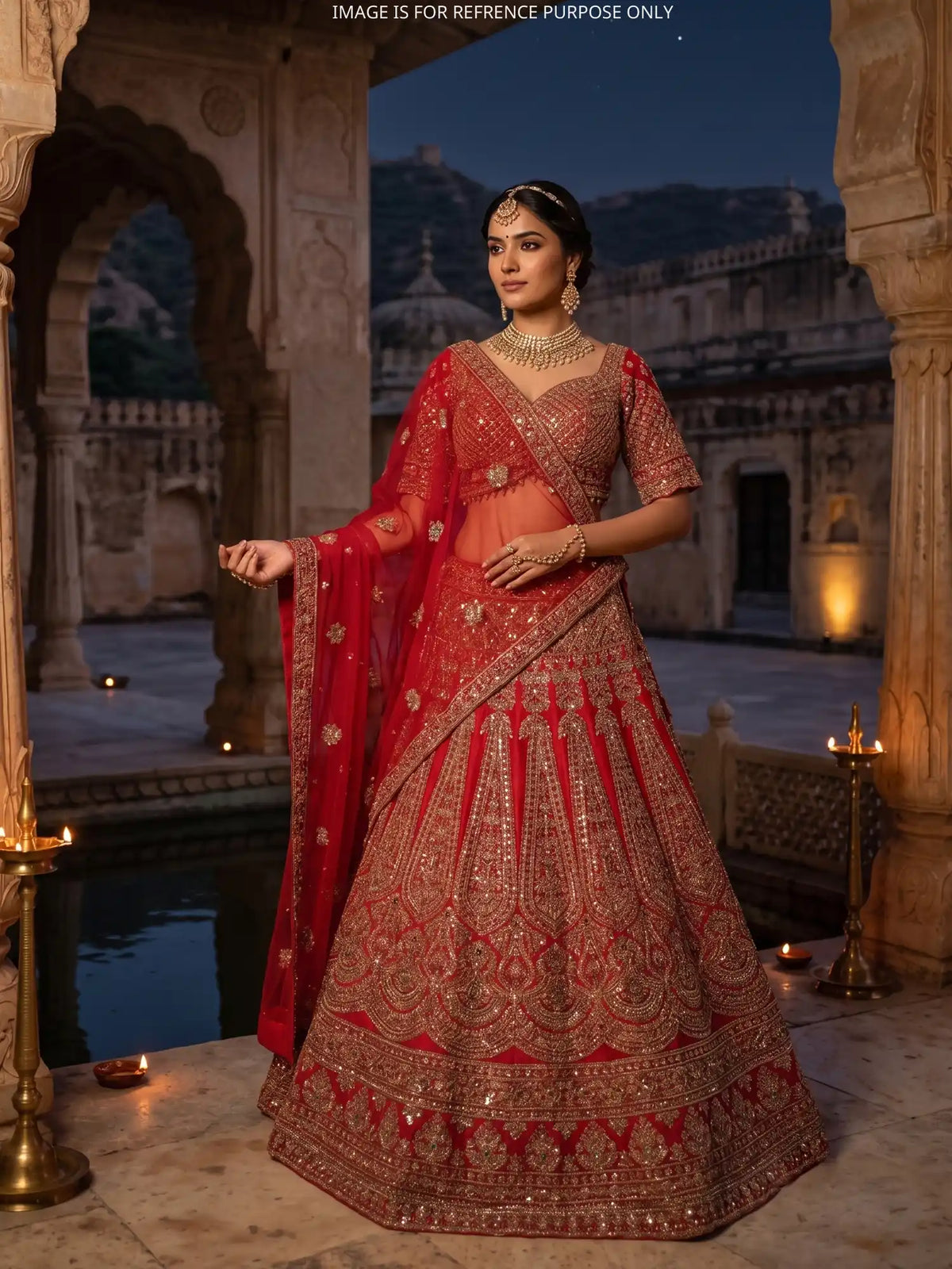Luxurious Rani Wedding Silk Lehenga with Scalloped Stone Borders