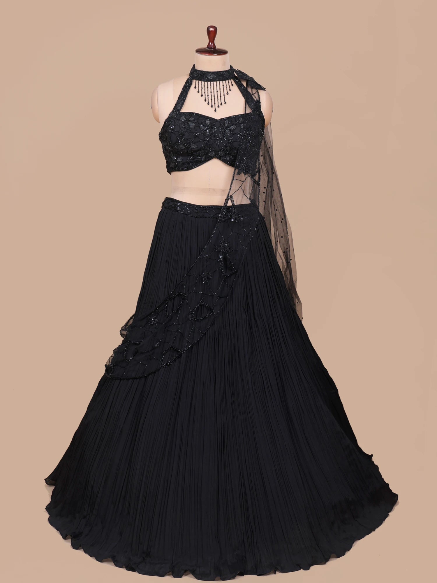 Own The Night In A Black Designer Drape Lehenga With Crystal Accents
