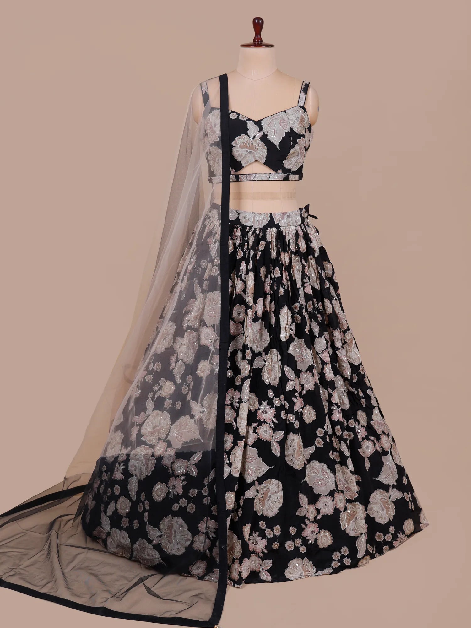 Exclusive Black Floral Crepe Silk Lehenga With Designer Work