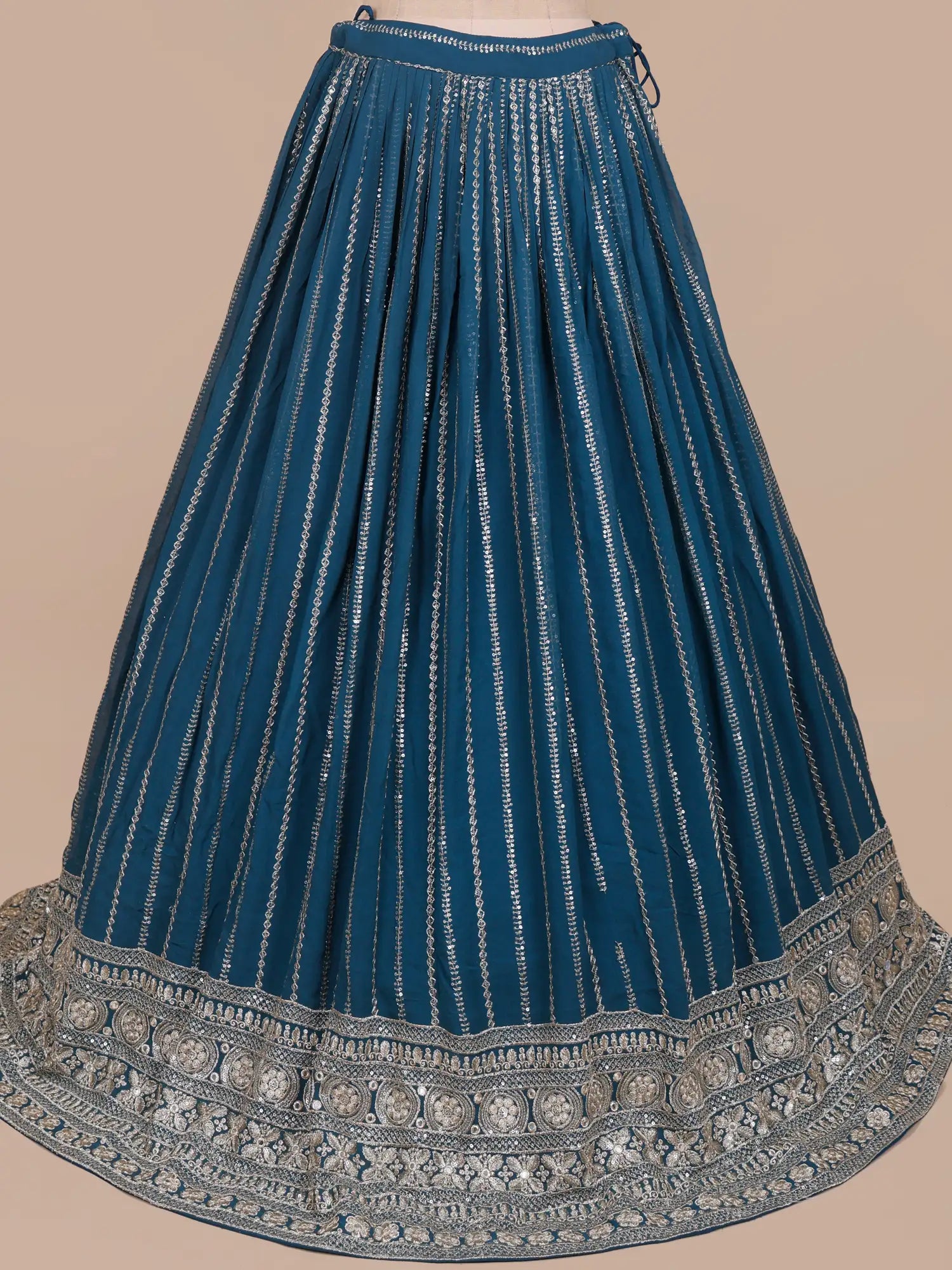 Rama Blue Designer Lehenga Detailed In Machine Embroidery