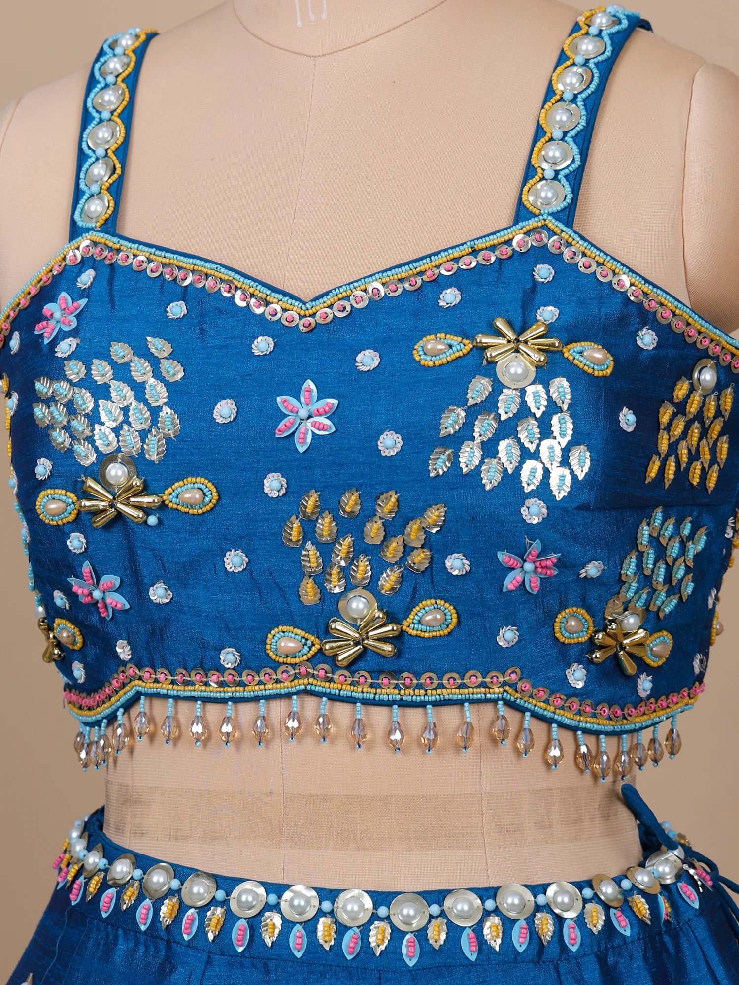Shop Blue Raw Silk Pearl Sequins Work Latest Lehenga 2026