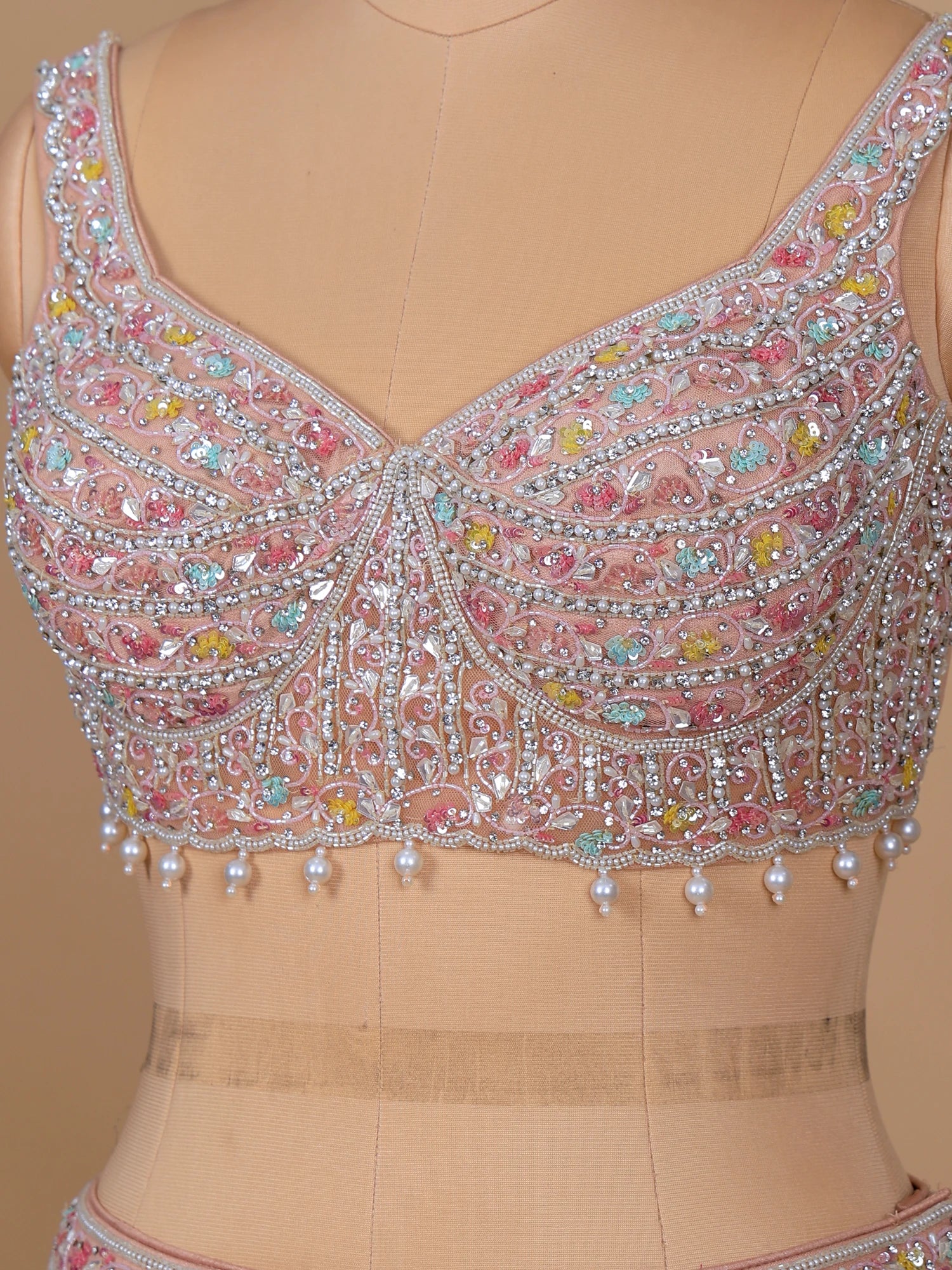 Blush Pink Net Lehenga choli with Pearl Sequins Work