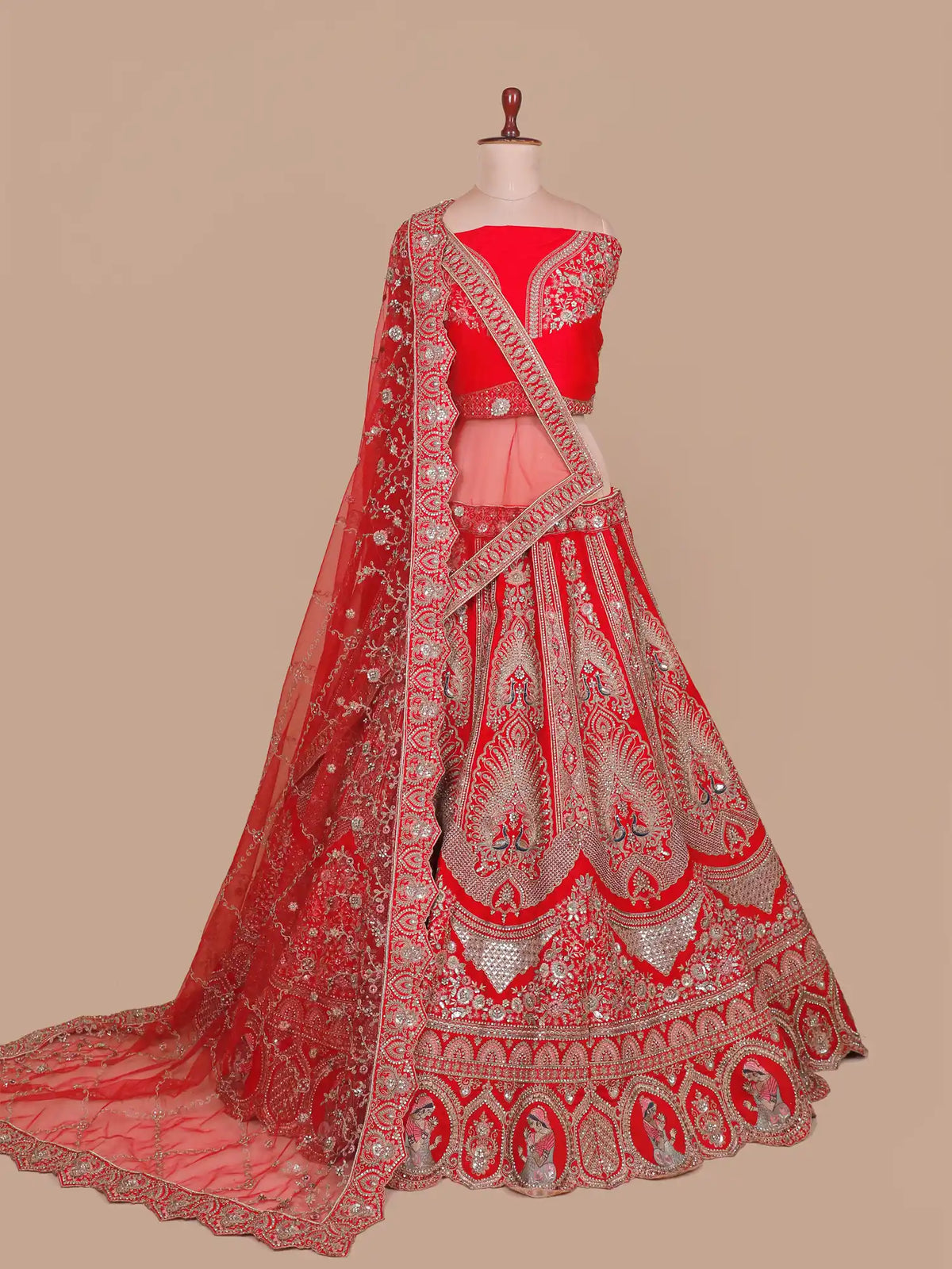 Red Silk Luxury Wedding Lehenga with Intricate Peacock and Sequin Embroidery