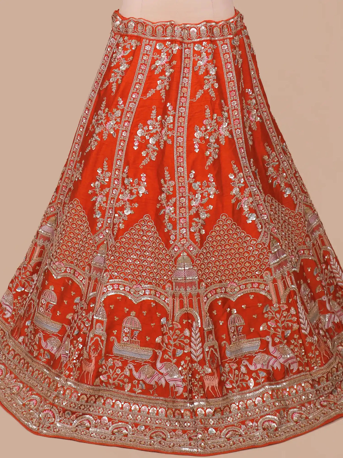 Luxury Rust Orange Bridal Lehenga with Domed Boats and Floral Embroidery