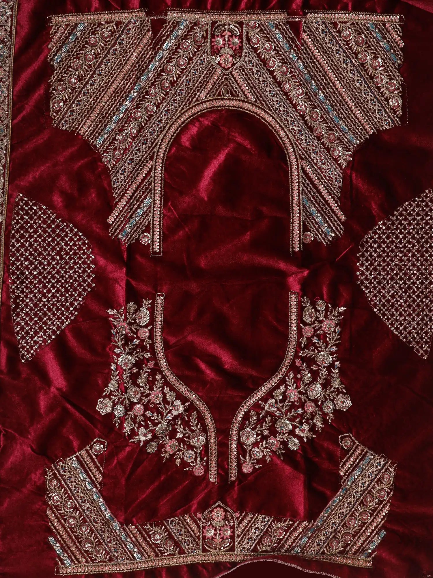 Maroon Unstitched Velvet Bridal Lehenga With Diamond Thread Craft