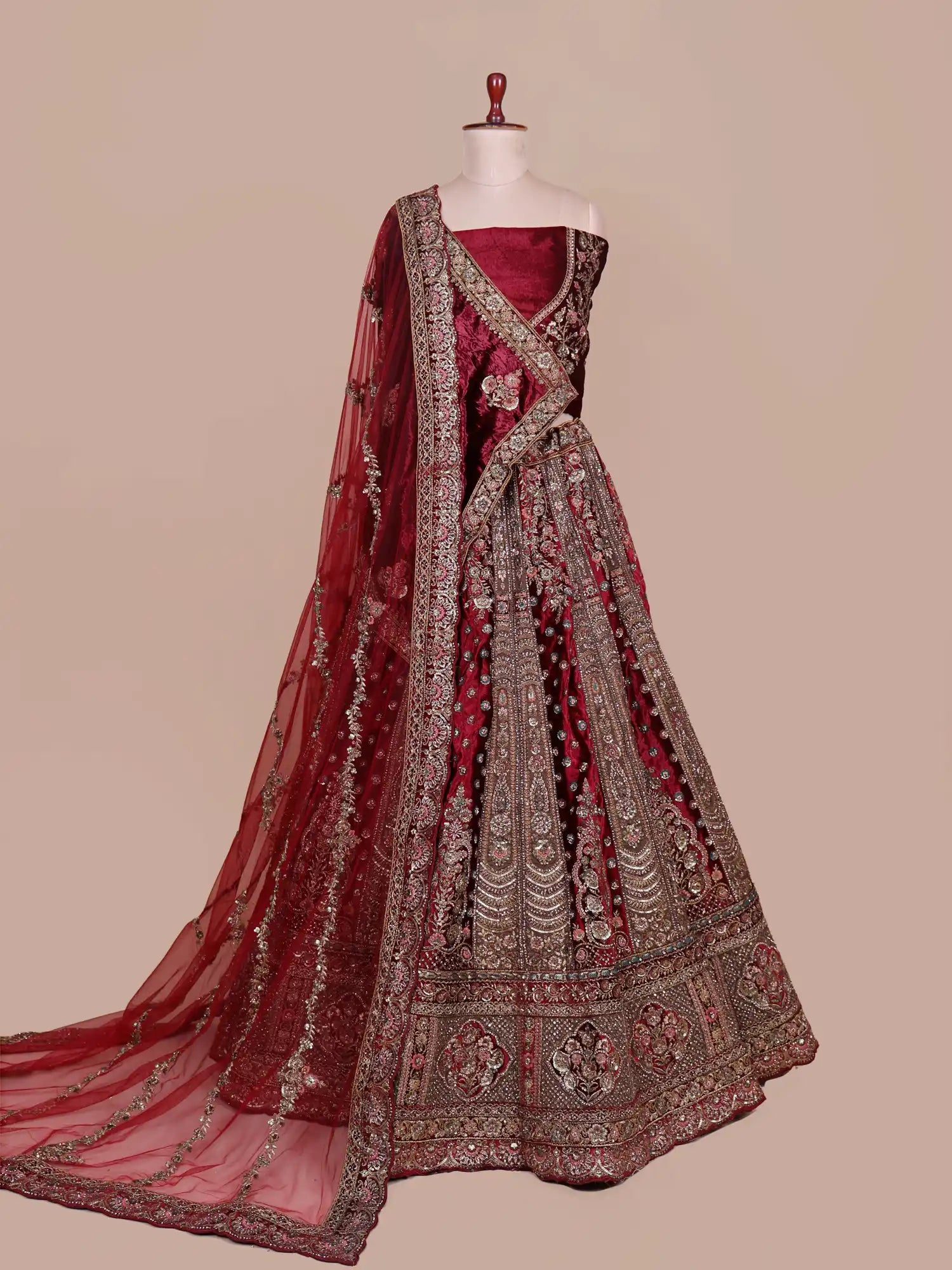 Maroon Unstitched Velvet Bridal Lehenga With Diamond Thread Craft