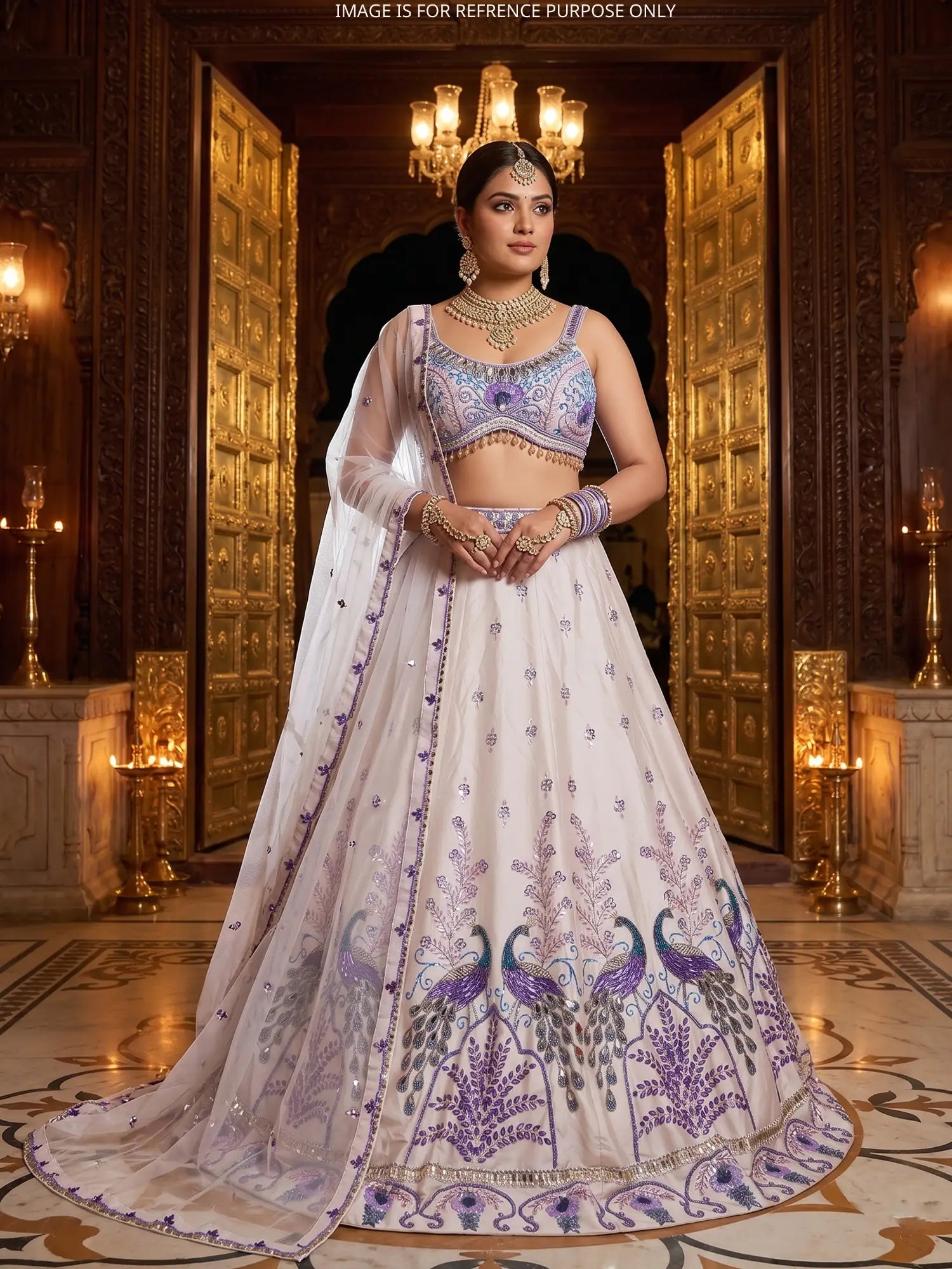 Luxury Celebrity Inspired Ivory Silk Lehenga with Mirror Work for Weddings