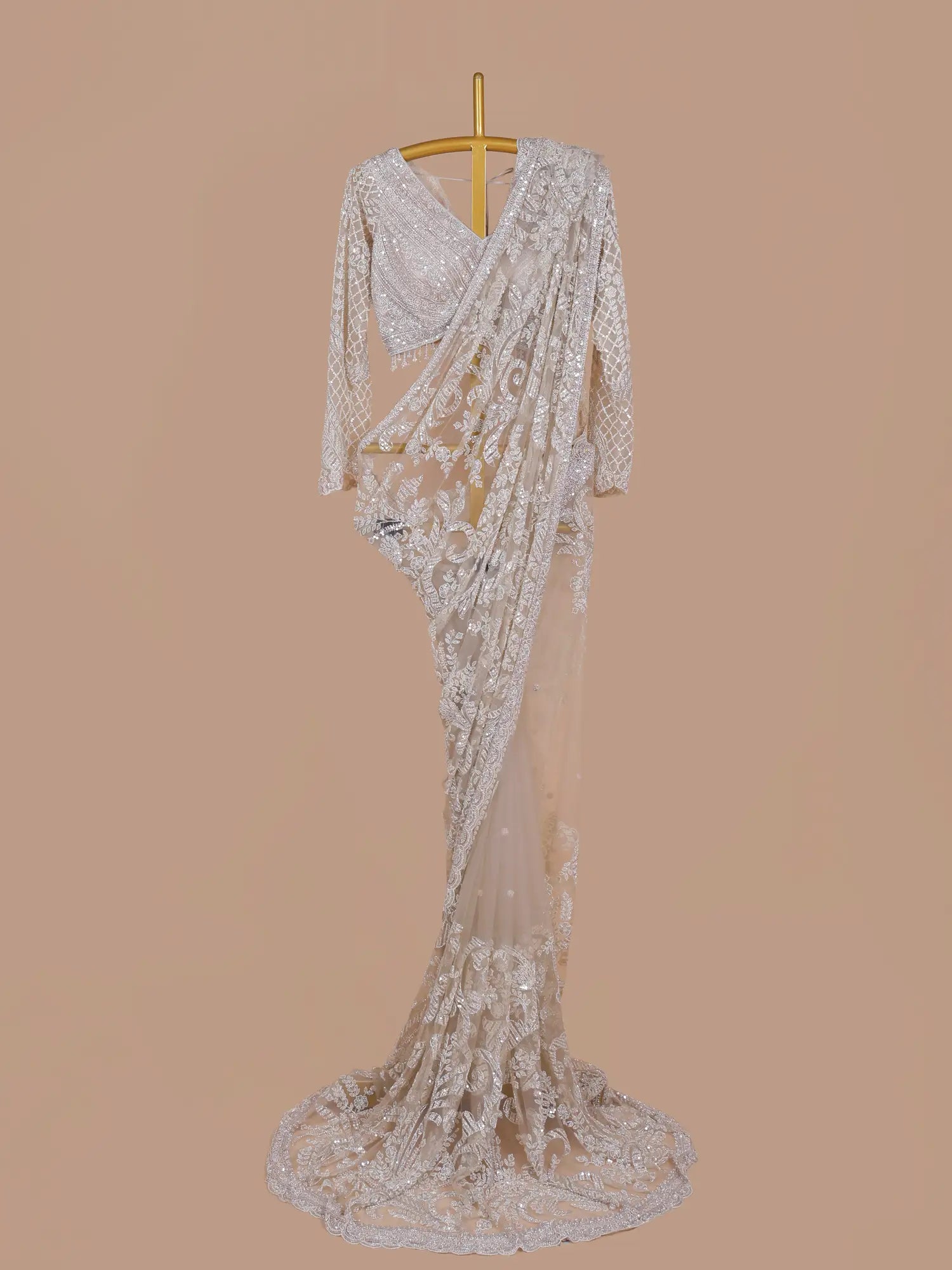 Champagne Designer Net Saree Online Accented By Shimmering Pearl Work