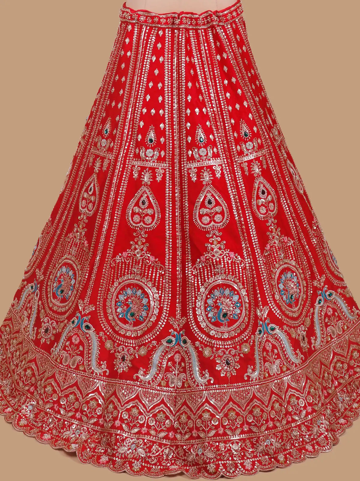 Grand Red Silk Wedding Lehenga with Peacock Embroidery and Stone Work