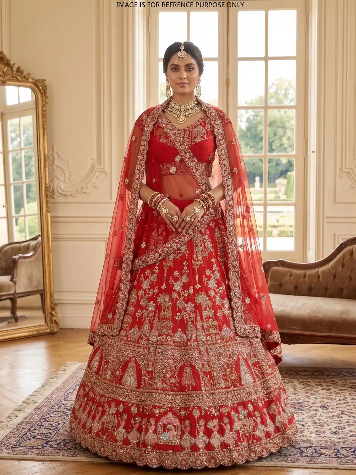 Luxury Custom Red Silk Bridal Lehenga with Palace Wedding Scene Embroidery
