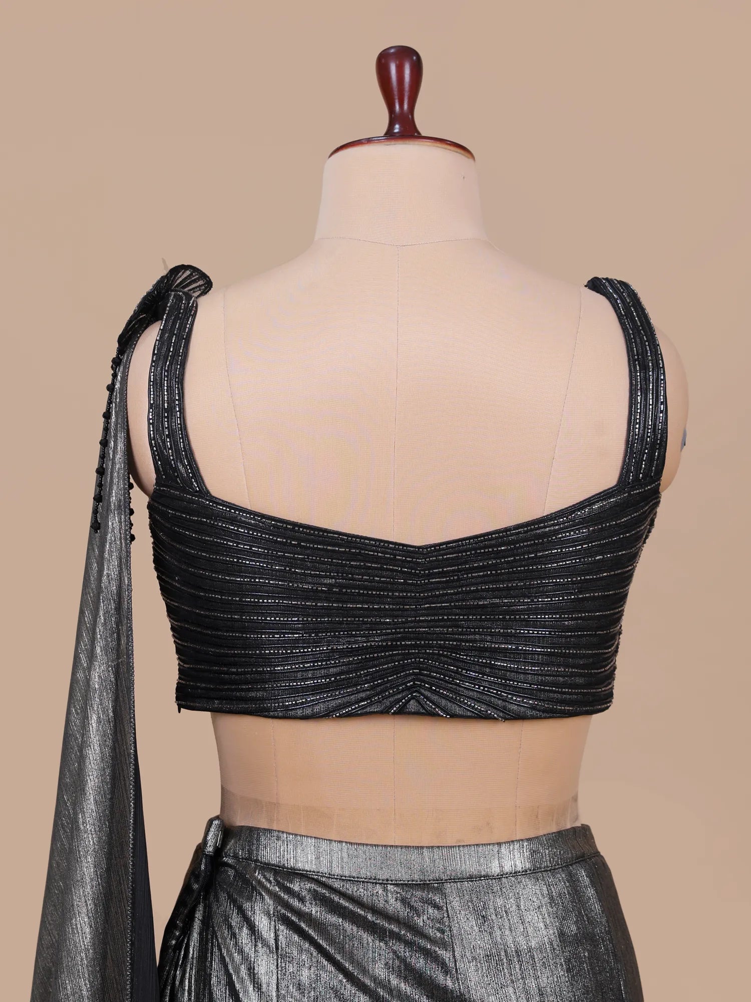 Dark Grey Imported Lycra Pre Draped Saree With Crystal Work