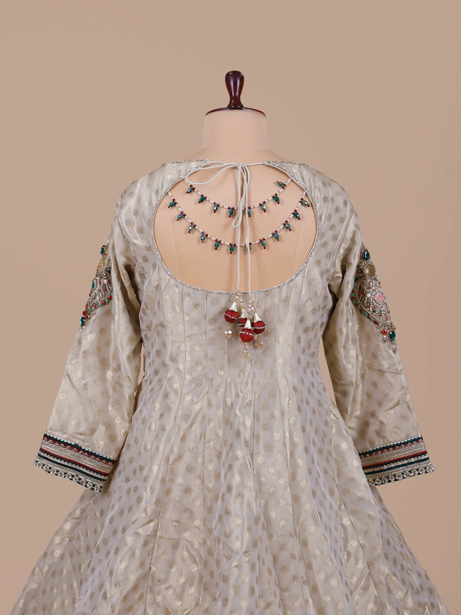 Luxury Off White Banarasi Silk Anarkali Gown Stone Work