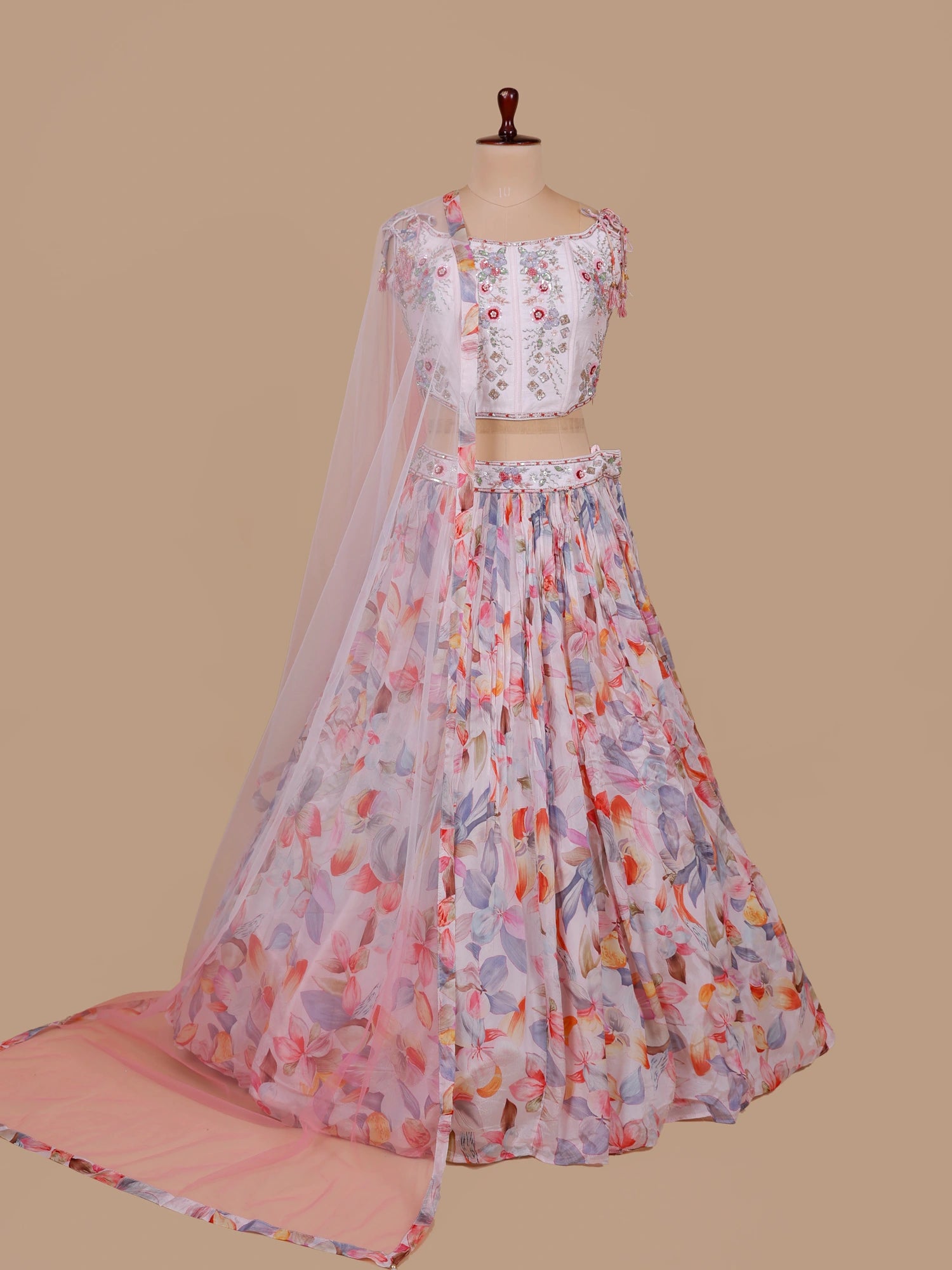 Designer Multi Color Floral Crepe Silk Lehenga With Pearl Design