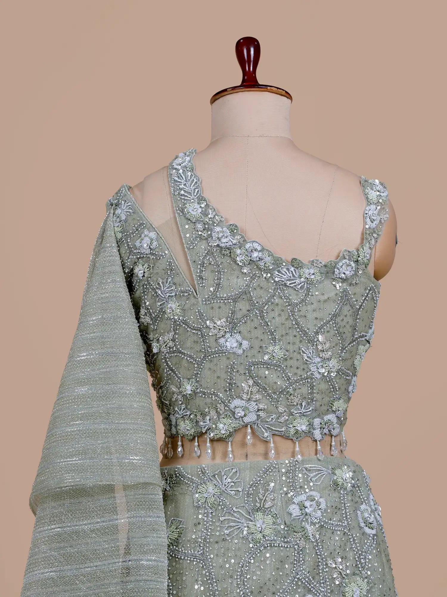 Shop Pista Green Fishcut Lehenga Defined By Fine Cut Dana Details